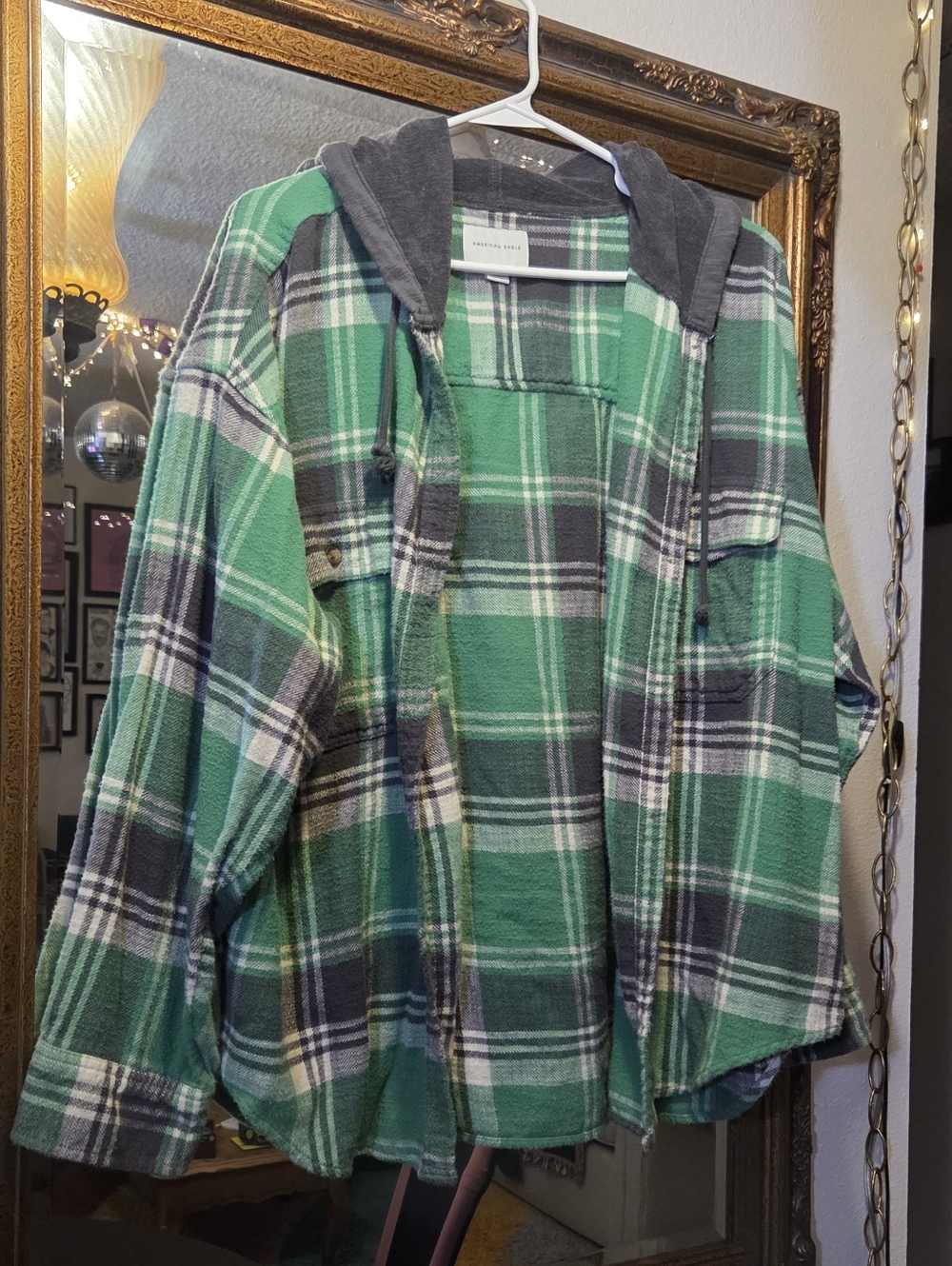 American Eagle XL Green/White/Grey Hoodie Flannel Shirt Button Up Jacket